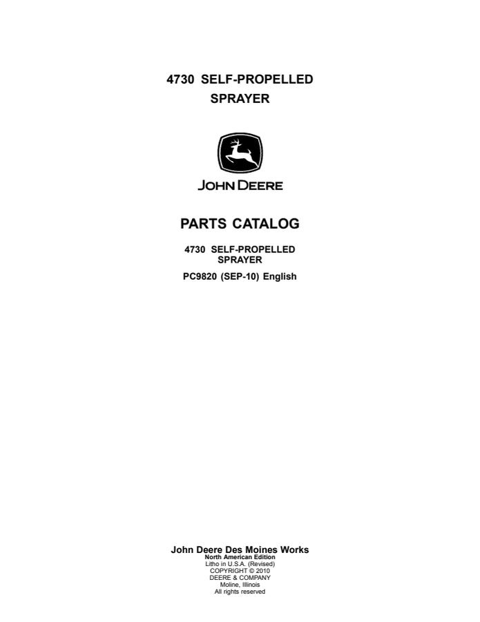 John Deere 4730 Self-Propelled Sprayer Parts Catalog — actual manual cover