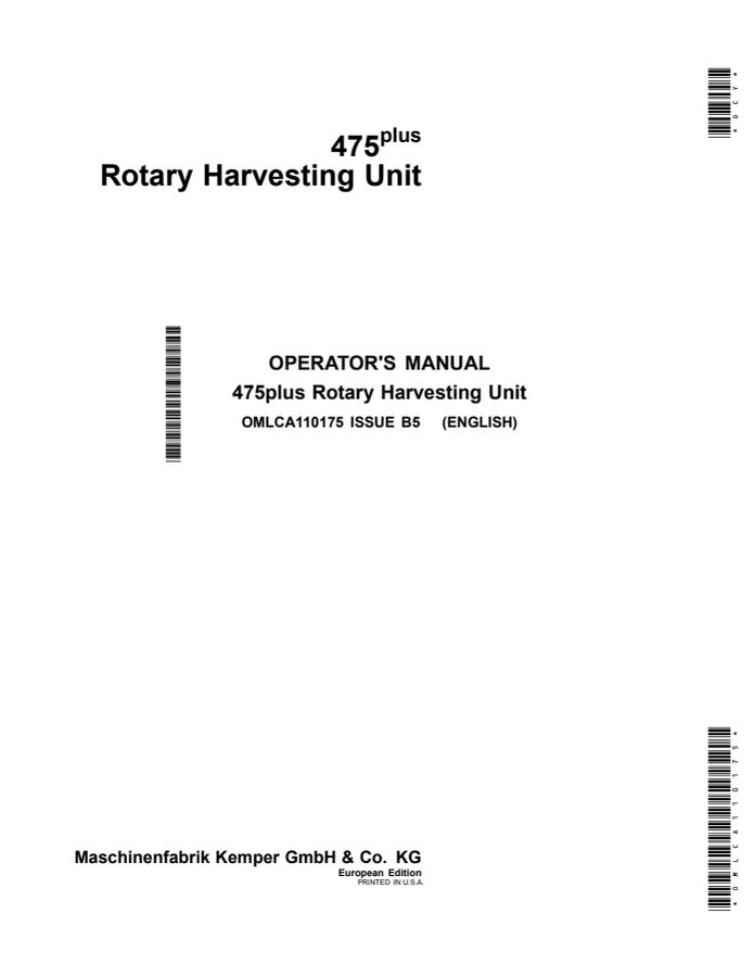John Deere 475plus Rotary harvesting unit Operator manual OMLCA110175 — actual manual cover