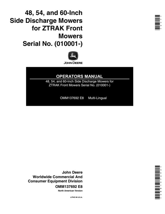 John Deere 48; 54; 60-Inch Side Discharge Mowers for ZTRAK Front Mowers Mower Operator manual OMM137692 — actual manual cover