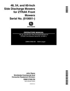 John Deere 48; 54; 60-Inch Side Discharge Mowers for ZTRAK Front Mowers Mower Operator manual OMM137692 — actual manual cover