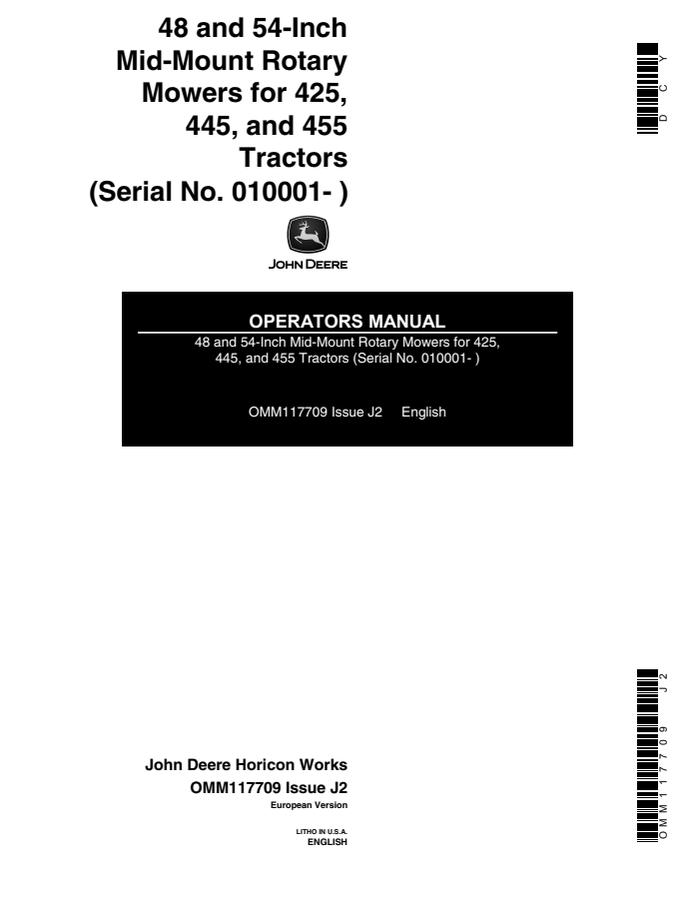 John Deere 48/54-inch Rotary mower Operator manual OMM117709 — actual manual cover