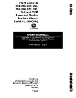 John Deere 48-Inch front blade for 240; 245; 260; 265; 285; 320; 325; 335; 345; 355D Front blade Operator manual OMM139130 — actual manual cover