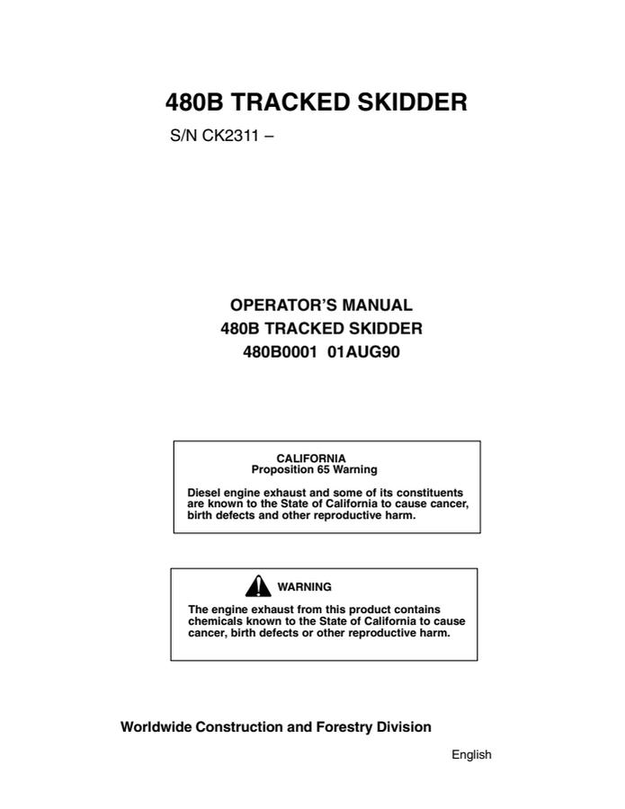 John Deere 480B Tracked skidder Operator Manual 480B0001 — actual manual cover