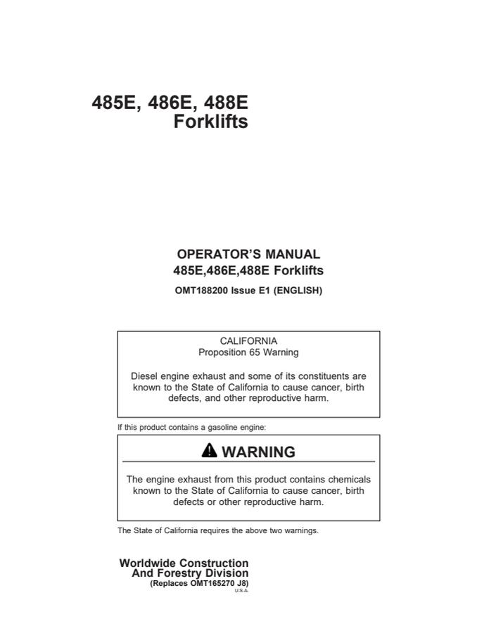John Deere 485E; 486E; 488E Forklift Operator manual OMT188200 — actual manual cover