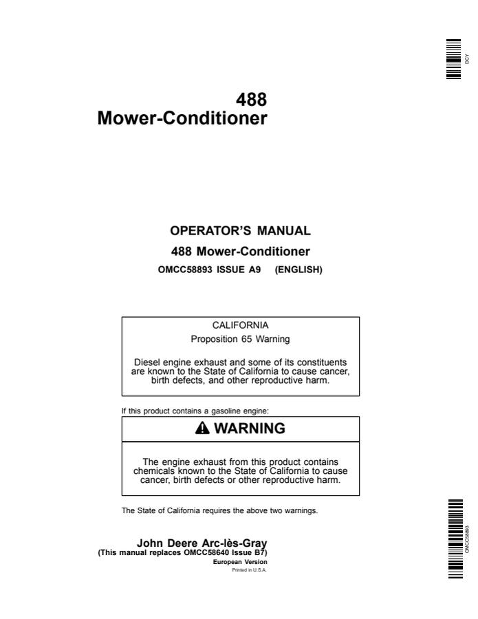 John Deere 488 Mower-conditioner Operator manual OMCC58893 — actual manual cover