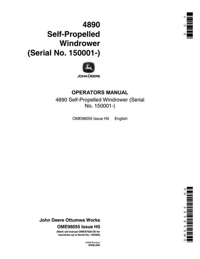 John Deere 4890 Self-Propelled Windrower Operator's Manual — actual manual cover