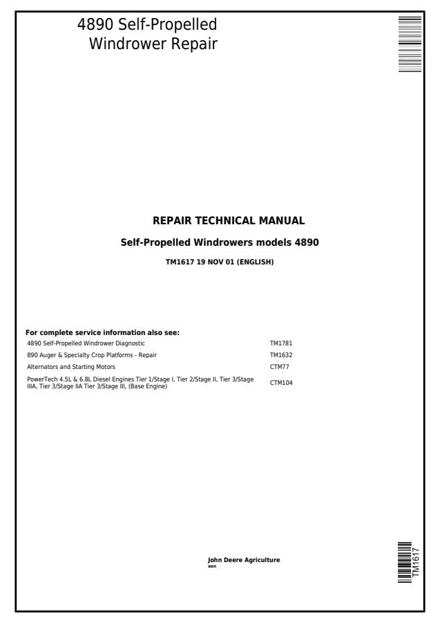 John Deere 4890 Self-Propelled Windrower Repair Technical Manual — actual manual cover