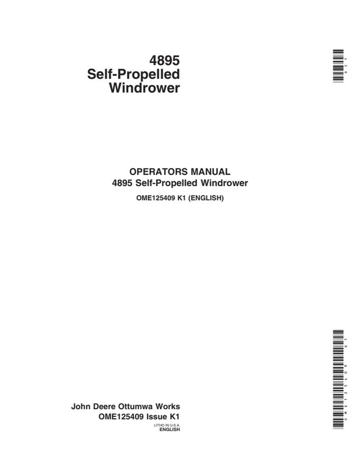 John Deere 4895 Self-propelled windrower Operator manual OME125409 — actual manual cover