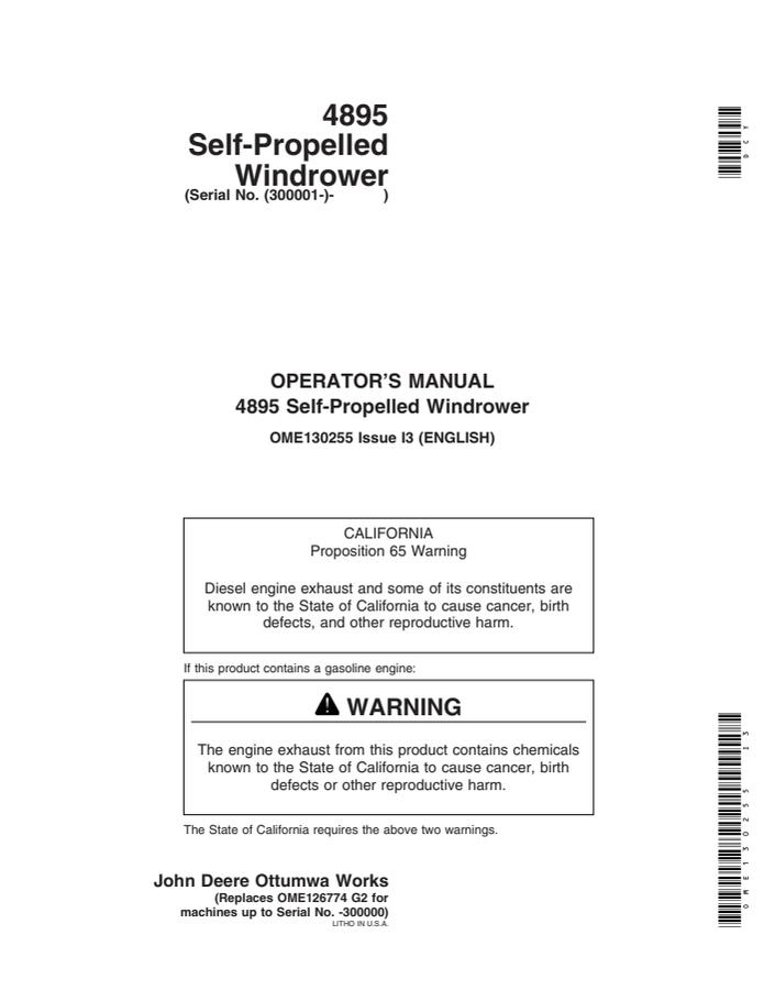John Deere 4895 Self-propelled windrower Operator manual OME130255 — actual manual cover