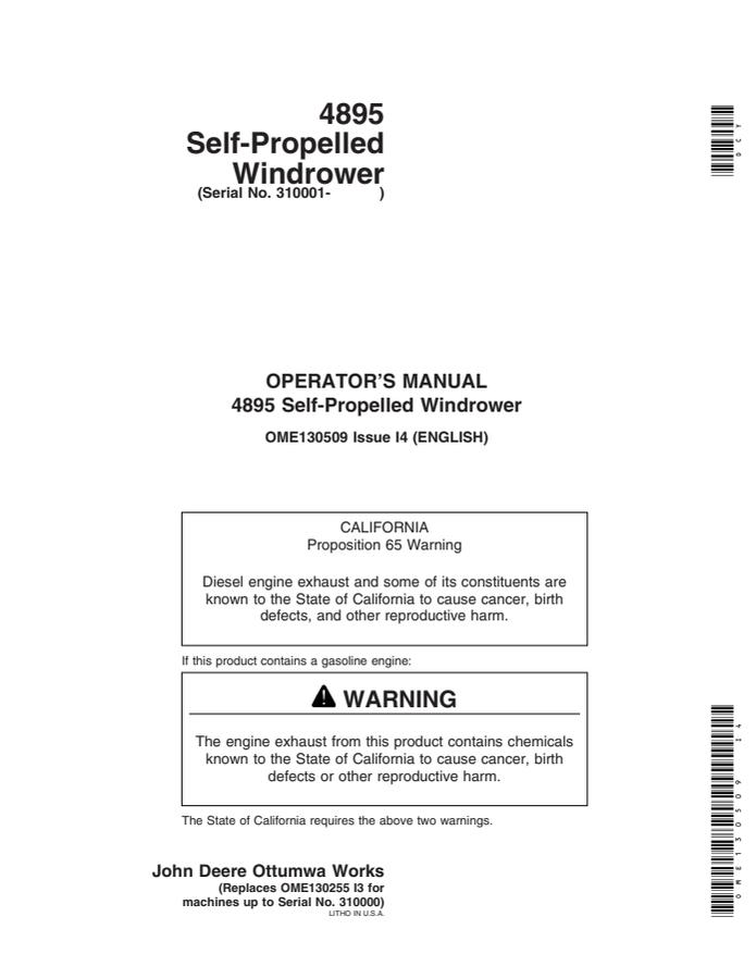 John Deere 4895 Self-propelled windrower Operator manual OME130509 — actual manual cover