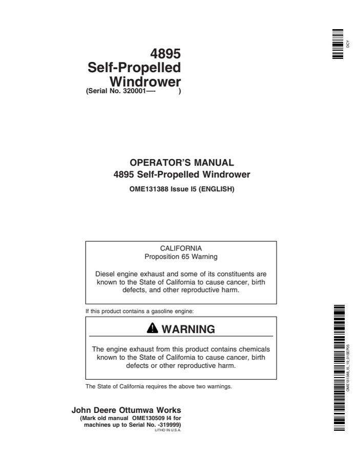 John Deere 4895 Self-propelled windrower Operator manual OME131388 — actual manual cover