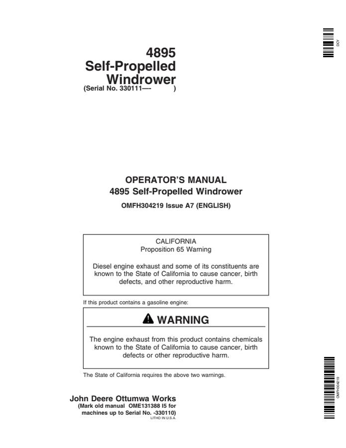 John Deere 4895 Self-propelled windrower Operator manual OMFH304219 — actual manual cover