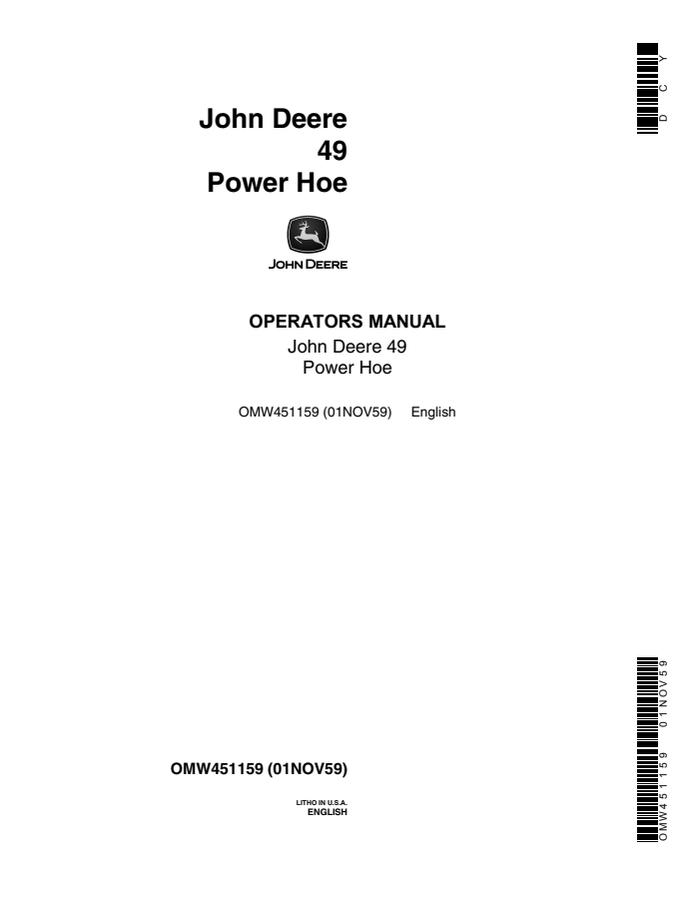 John Deere 49 Power hoe Operator manual OMW451159 — actual manual cover