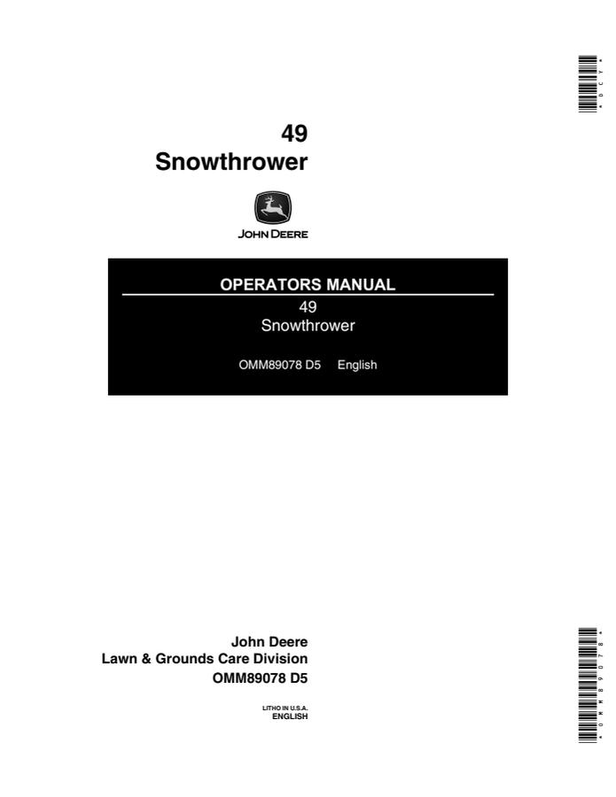 John Deere 49 Snowthrower Operator manual OMM89078 — actual manual cover