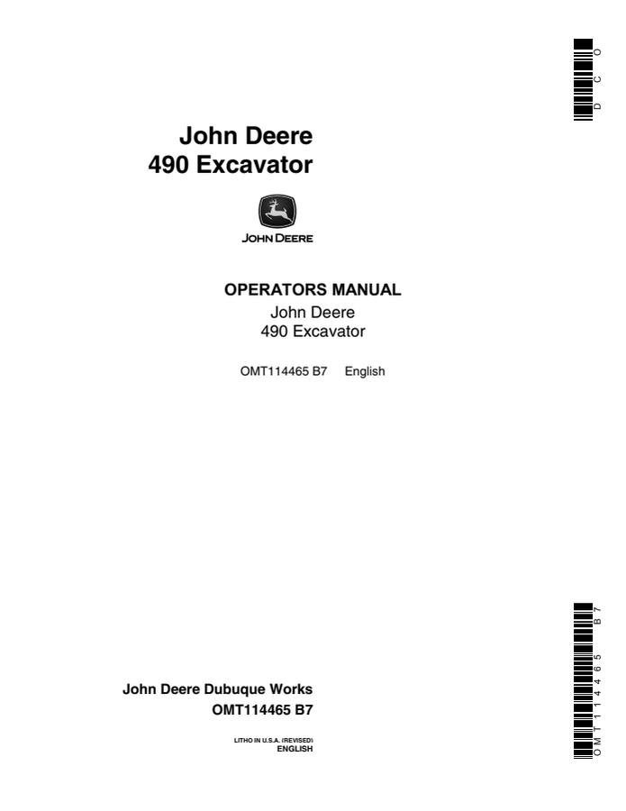 John Deere 490 Excavator Operator manual OMT114465 — actual manual cover