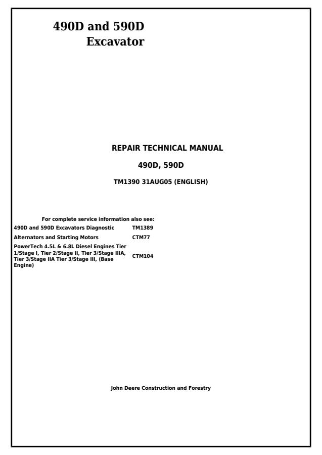 John Deere 490D, 590D Excavator Repair Technical Manual TM1390 — actual manual cover