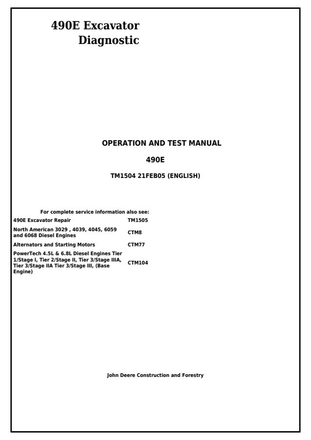 John Deere 490E Excavator Diagnostic operation and test manual TM1504 — actual manual cover