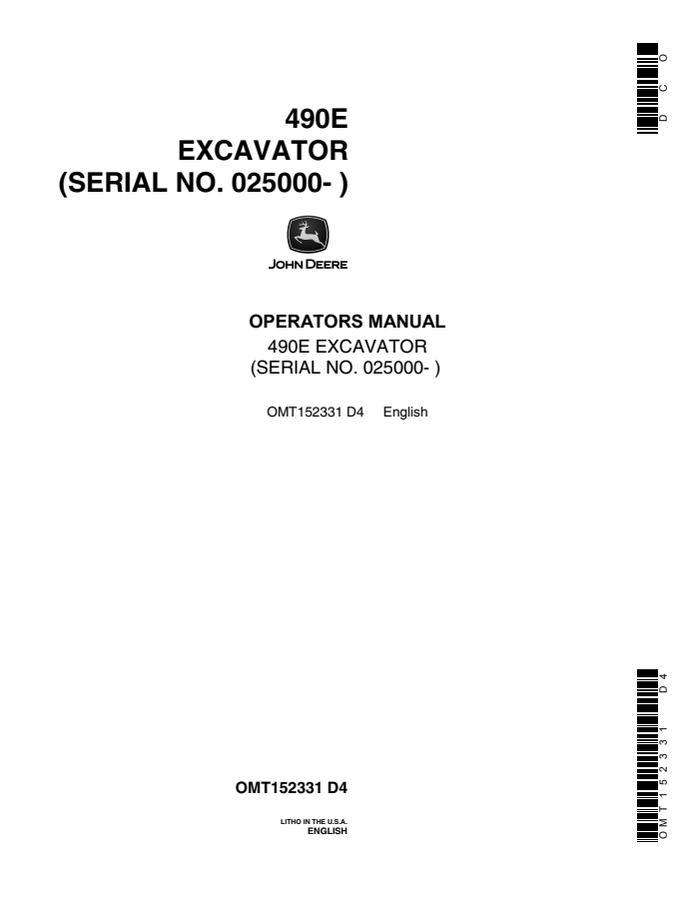 John Deere 490E Excavator Operator manual OMT152331 — actual manual cover