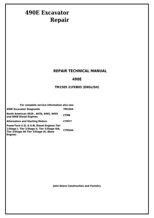 John Deere 490E Excavator Repair Technical Manual TM1505 — actual manual cover