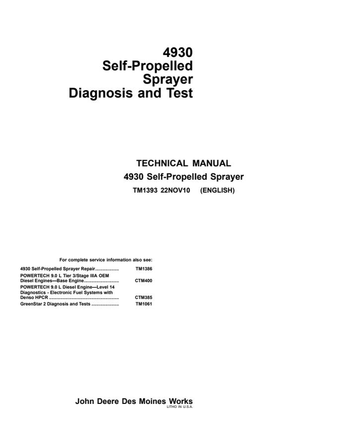 John Deere 4930 Self-Propelled Sprayer Diagnosis and Test Manual TM1393 — actual manual cover