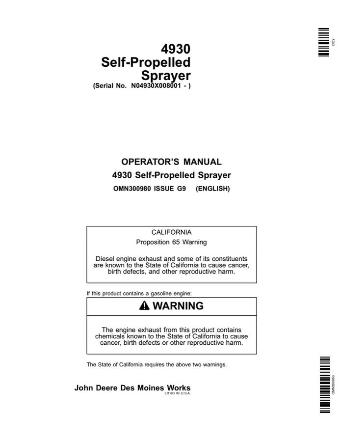 John Deere 4930 Self-propelled sprayer Operator's manual OMN300980 — actual manual cover