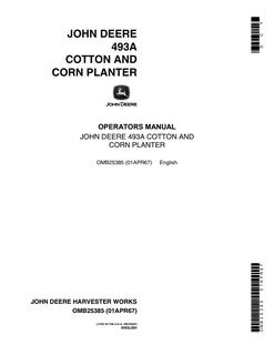 John Deere 493A Cotton and Corn Planter Planter Operator's manual OMB25385 — actual manual cover