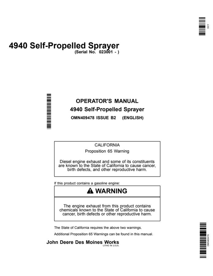 John Deere 4940 Self-propelled sprayer Operator manual OMN409478 — actual manual cover