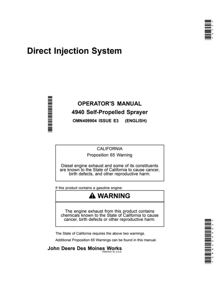John Deere 4940 Self-propelled sprayer Operator manual OMN409904 — actual manual cover