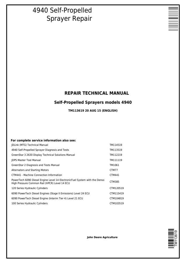 John Deere 4940 Self-Propelled Sprayer Repair Technical Manual — actual manual cover