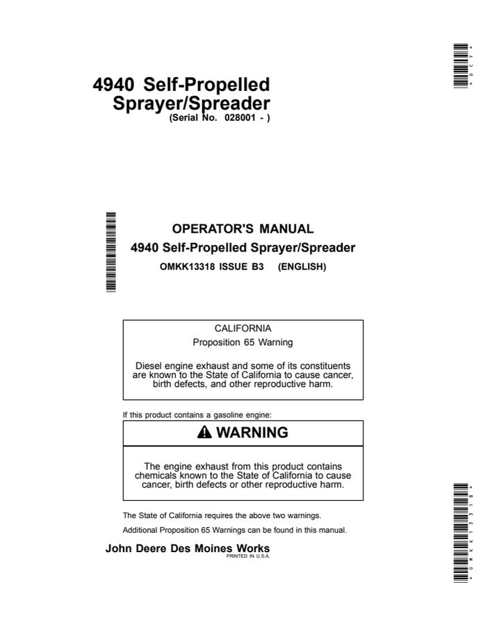 John Deere 4940 Self-propelled sprayer/spreader Operator manual OMKK13318 — actual manual cover