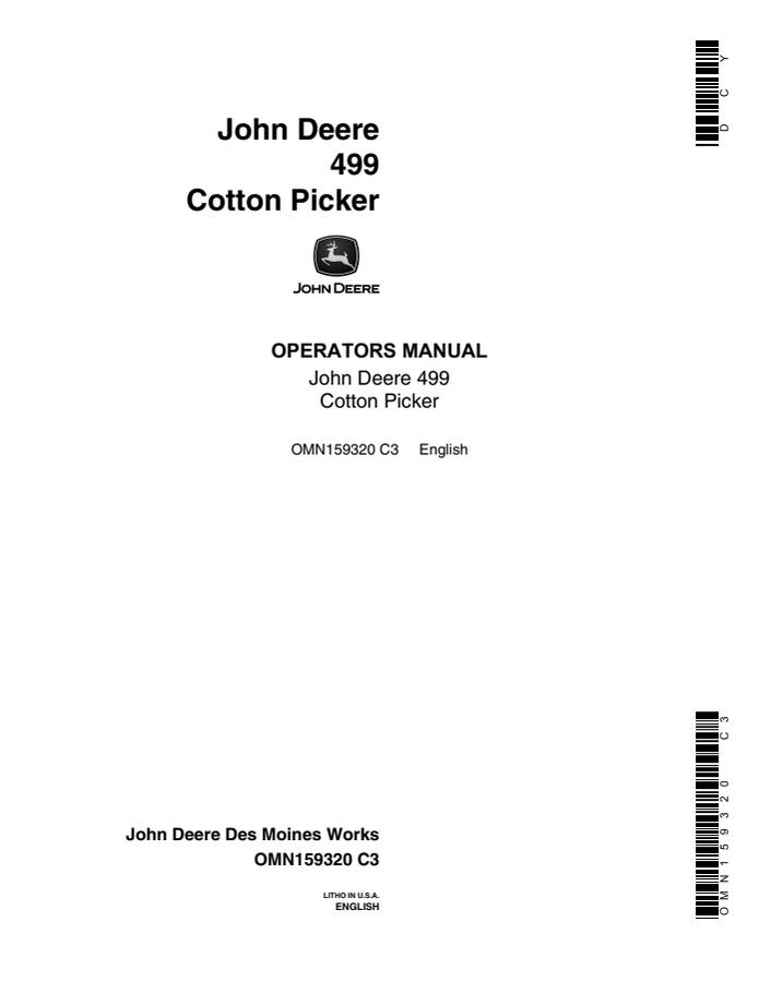 John Deere 499 Cotton picker Operator manual OMN159320 — actual manual cover