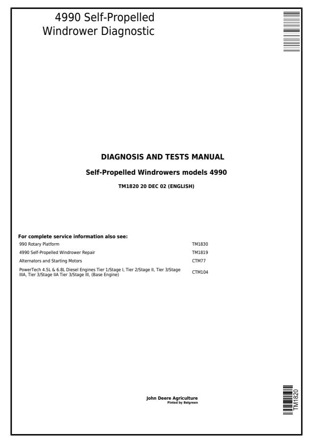 John Deere 4990 Self-Propelled Windrower Diagnosis and Tests Manual — actual manual cover