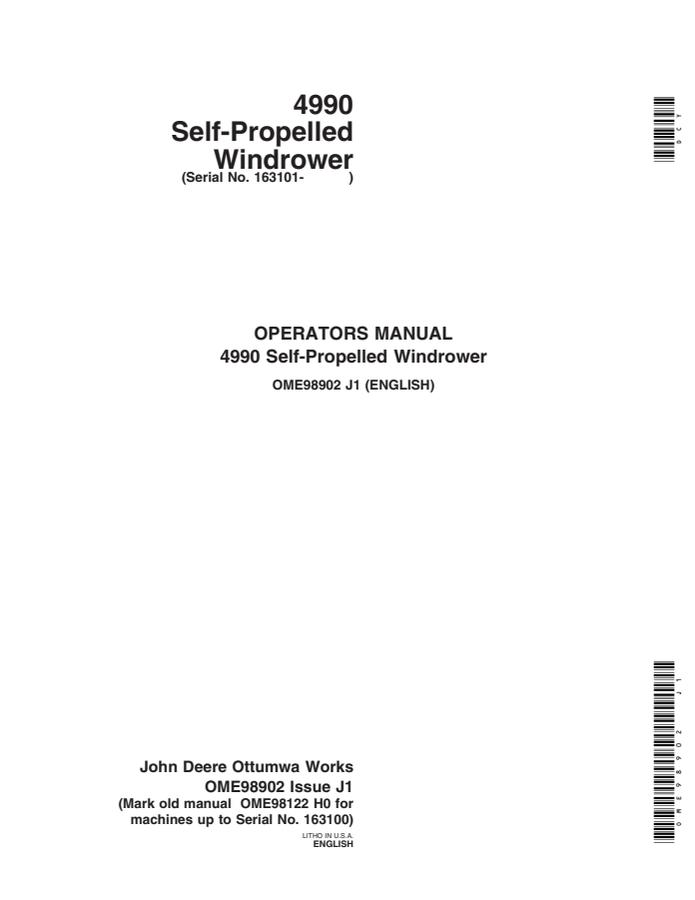John Deere 4990 Self-propelled windrower Operator manual OME98902 — actual manual cover