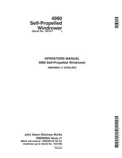 John Deere 4990 Self-propelled windrower Operator manual OME98902 — actual manual cover