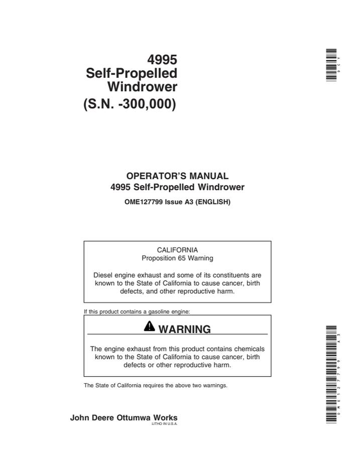 John Deere 4995 Self-propelled windrower Operator manual OME127799 — actual manual cover