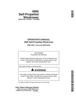 John Deere 4995 Self-propelled windrower Operator manual OME130511 — actual manual cover