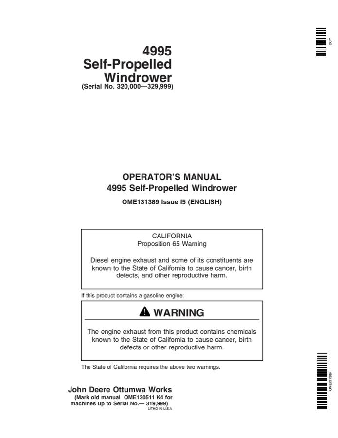 John Deere 4995 Self-propelled windrower Operator manual OME131389 — actual manual cover