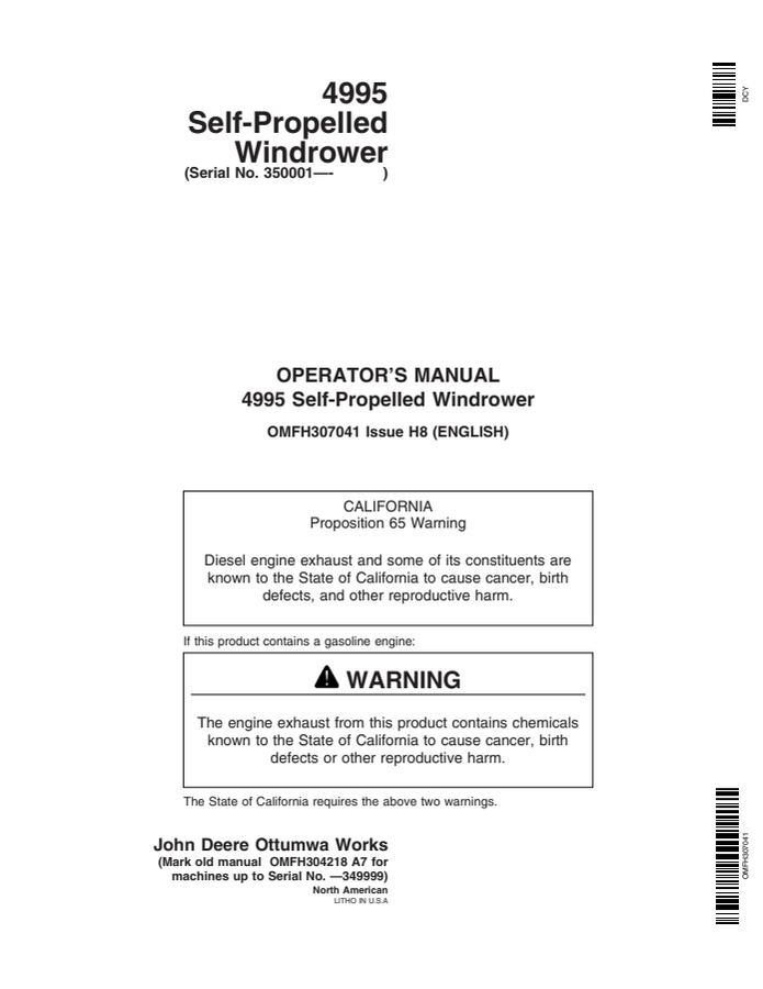 John Deere 4995 Self-propelled windrower Operator manual OMFH307041 — actual manual cover