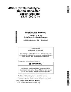 John Deere 4MQ-1 (CP20) Pull-type cotton harvester Operator manual OMKK25909 — actual manual cover