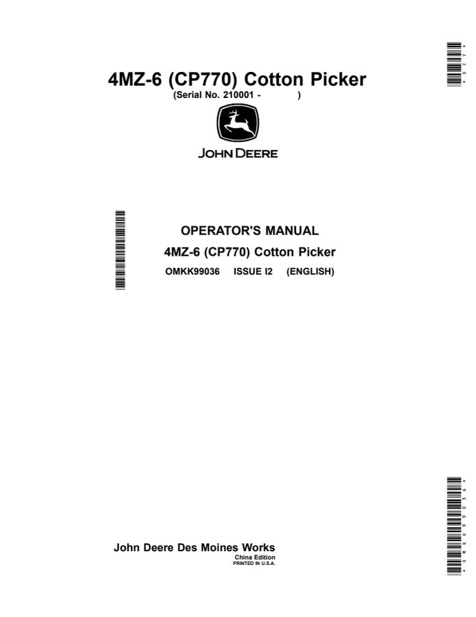 John Deere 4MZ-6 (CP770) Cotton picker Operator's manual OMKK99036 — actual manual cover