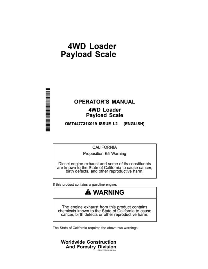 John Deere 4WD Loader Payload Scale Loader payload scale Operator manual OMT447731X019 — actual manual cover