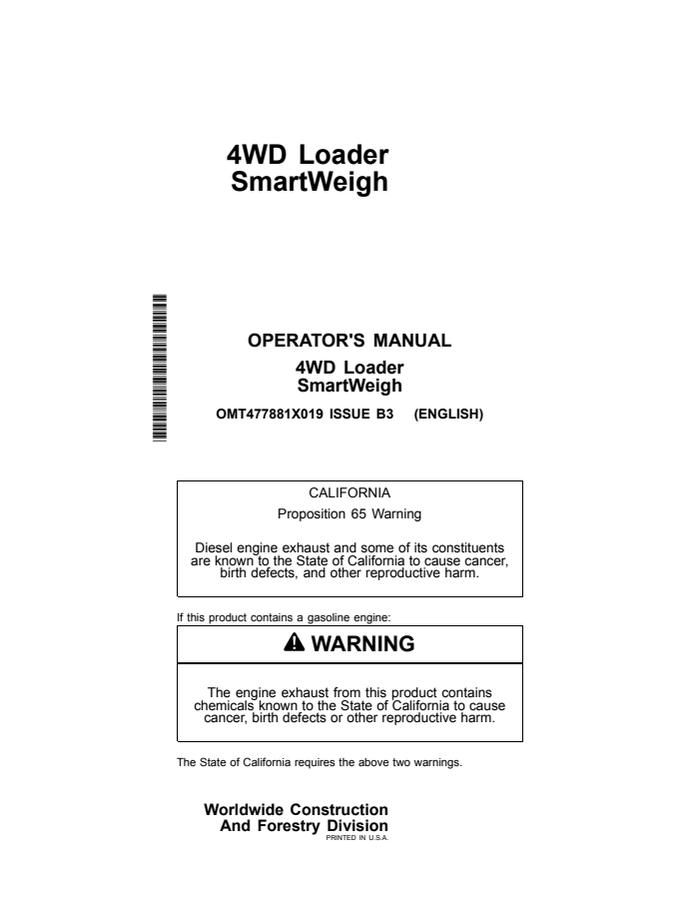 John Deere 4WD Loader SmartWeigh Loader SmartWeigh system Operator's manual OMT477881X019 — actual manual cover