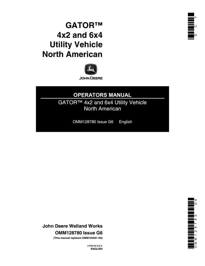 John Deere 4x2; 6x4 Utility vehicle Operator manual OMM128780 — actual manual cover