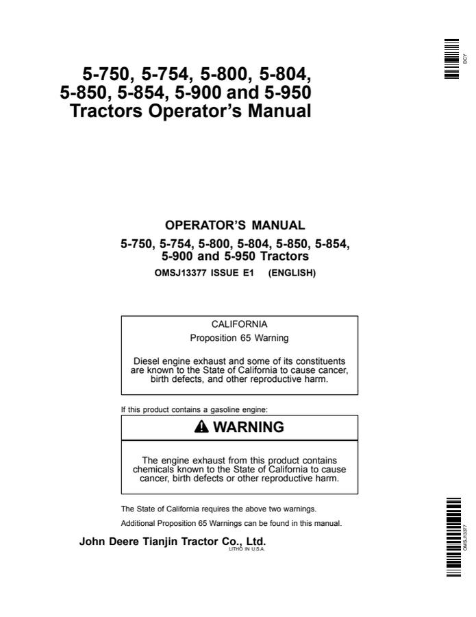 John Deere 5-750, 5-754, 5-800, 5-804, 5-850, 5-854, 5-900 and 5-950 Tractors Operator's Manual — actual manual cover