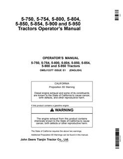 John Deere 5-750, 5-754, 5-800, 5-804, 5-850, 5-854, 5-900 and 5-950 Tractors Operator's Manual — actual manual cover