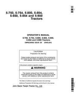 John Deere 5-750; 5-754; 5-800; 5-804; 5-850; 5-854; 5-900 Tractor Operator manual OMRE280682 — actual manual cover