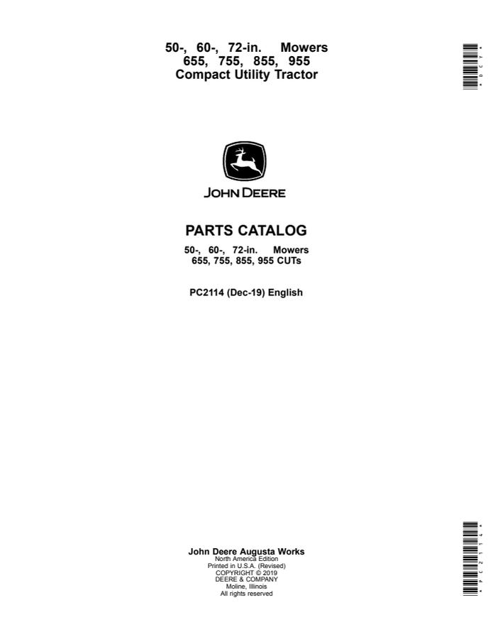 John Deere 50 60 and 72-Inch Mowers for 655 755 855 and 955 Compact Utility Tractors Parts Catalog — actual manual cover