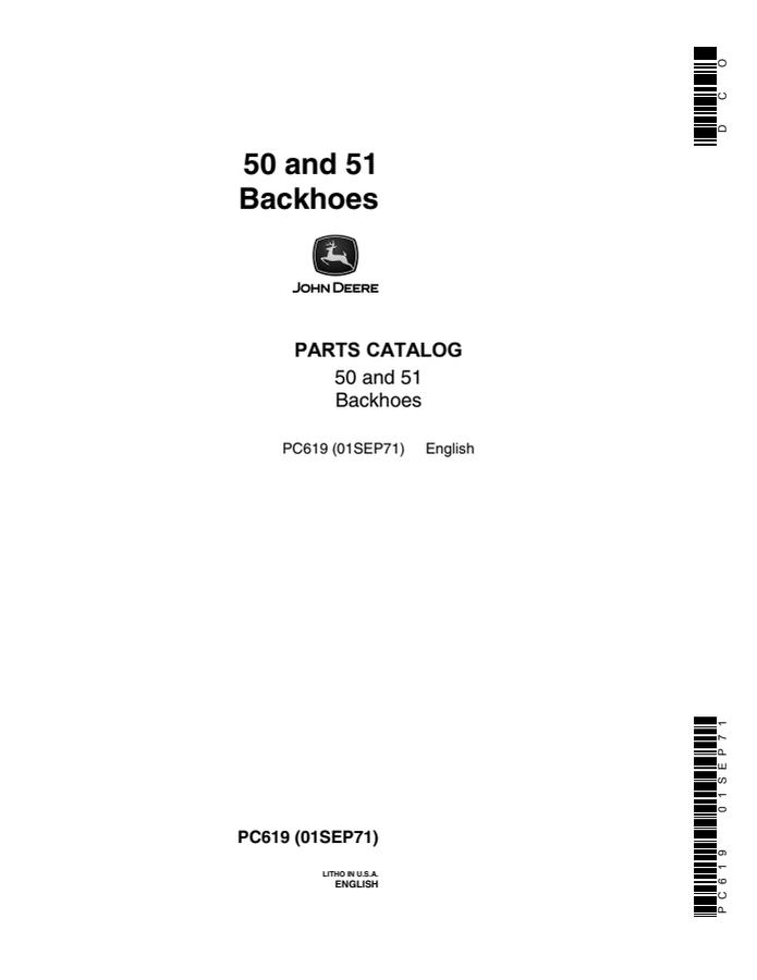 John Deere 50 and 51 Backhoe Parts catalog PC619 — actual manual cover