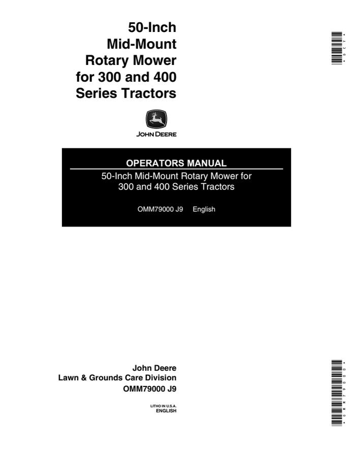 John Deere 50-Inch Mid-Mount Rotary Mower for 300 and 400 Series Tractors Rotary mower Operator manual OMM79000 — actual manual cover