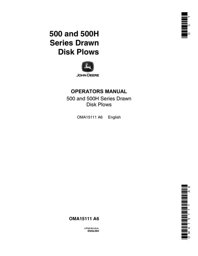 John Deere 500; 500H Series Drawn Disk Plows Disk plow Operator manual OMA15111 — actual manual cover